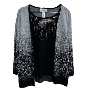Alfred Dunner Sweater Cardigan Size Large Black Silver Open Front Bling